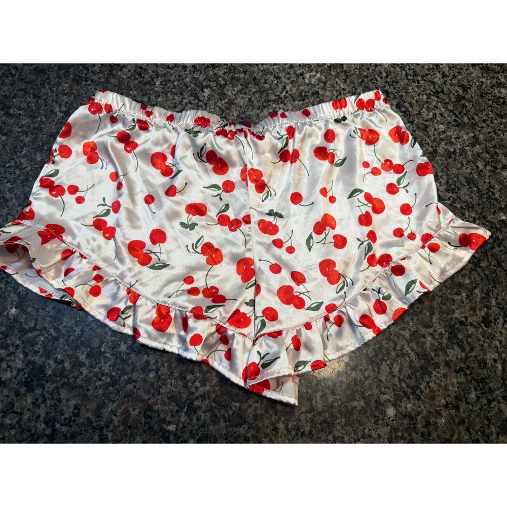 Adore Me Womens Cherry Print Satin Pajama Shorts White Red Ruffle Trim Size‎ M